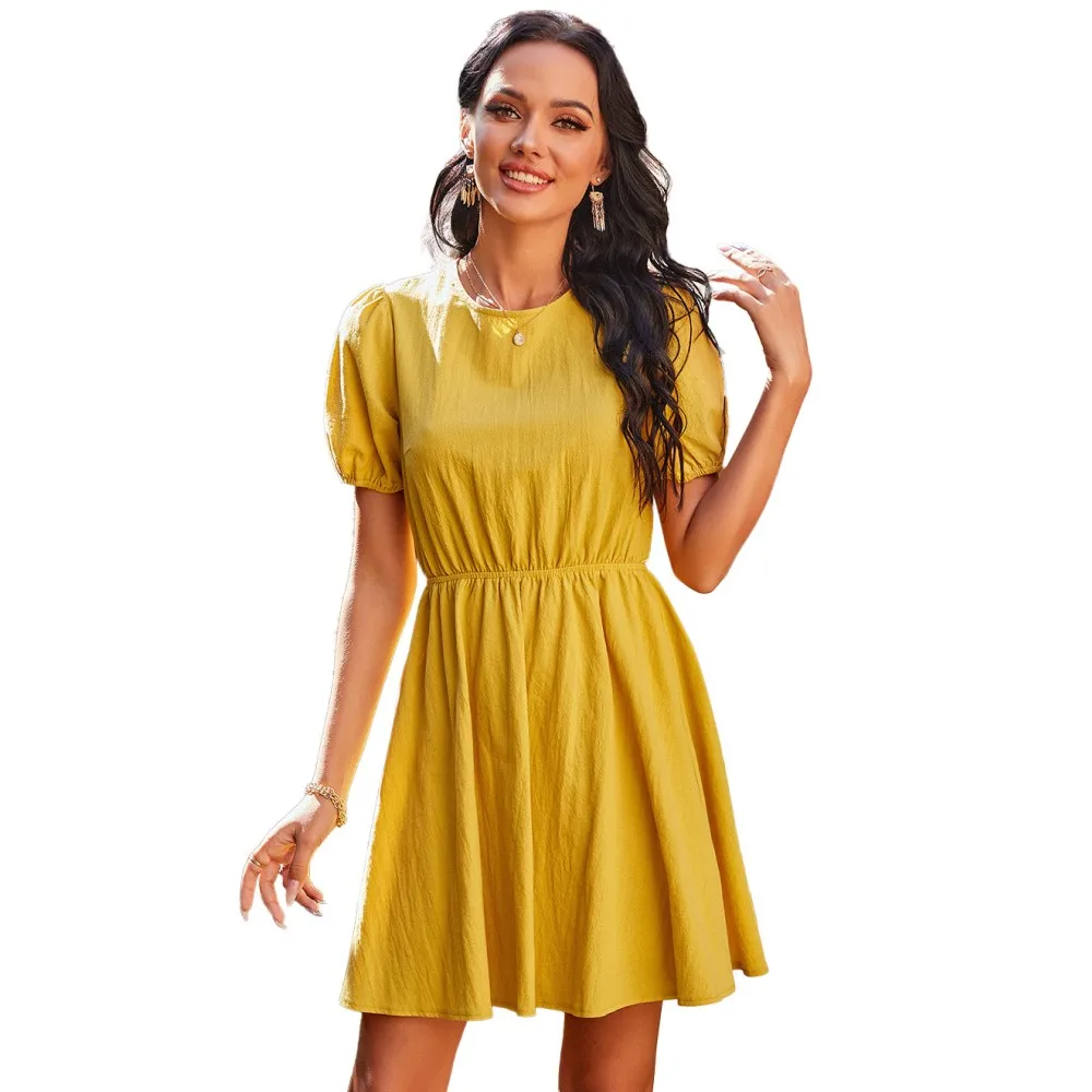 

High Waist Office Lady Dress Short Sleeve Simple Summer Shirt O-Neck Vestido Women's Clothing New Arrival 2021 DS066