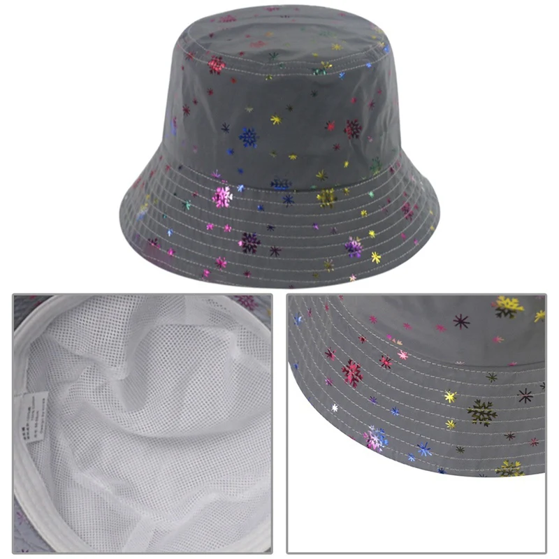 

2020 New Ladies Fashion Creative Unisex Reflective Bucket Hat Snowflake Sequins Luminous Fisherman Cap