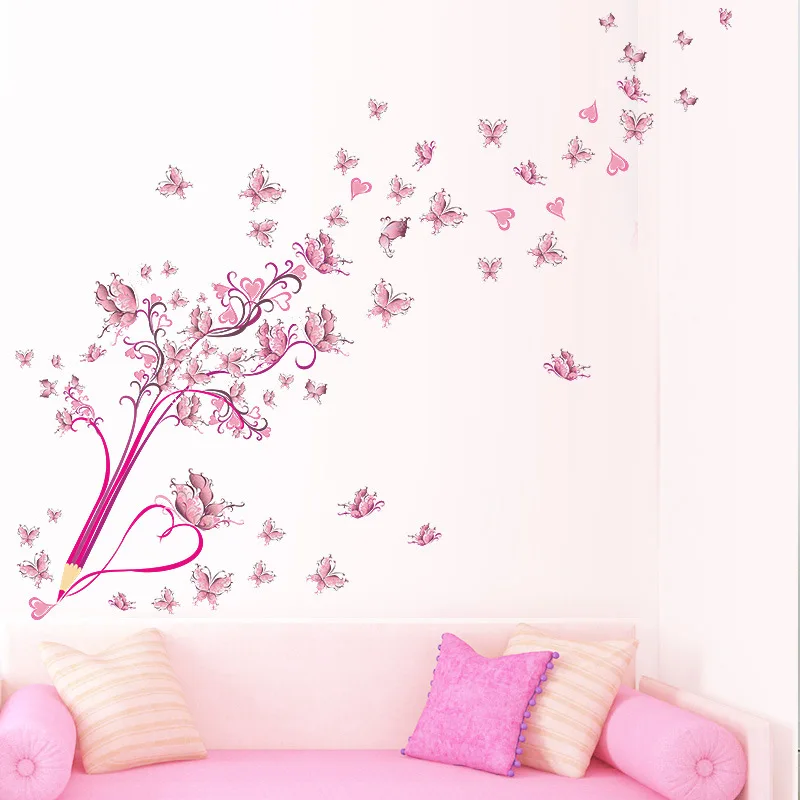 

Pink Pencil Butterflies Stickers Butterfly Flower Wall Sticker for Bedroom Living Room Background Decoration Decals Mural Art