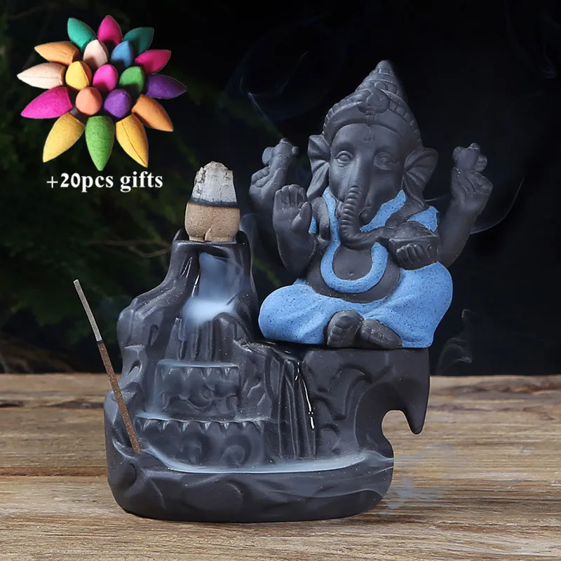 Blue-A Керамический Бог слон Ganesha курильница для благовоний горелка Индия водопад курильница подставка для ароматических палочек домашний декор+ 20 шт Бесплатные конусы - Цвет: Blue-A