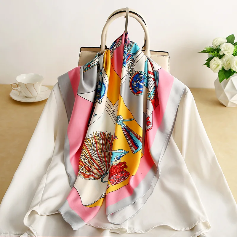 

2021 Summer Luxury Brand Fashion Kerchief Silk Satin Neck Scarf For Women Print Hijab Scarfs Female 90*90cm Square Shawls and Wr