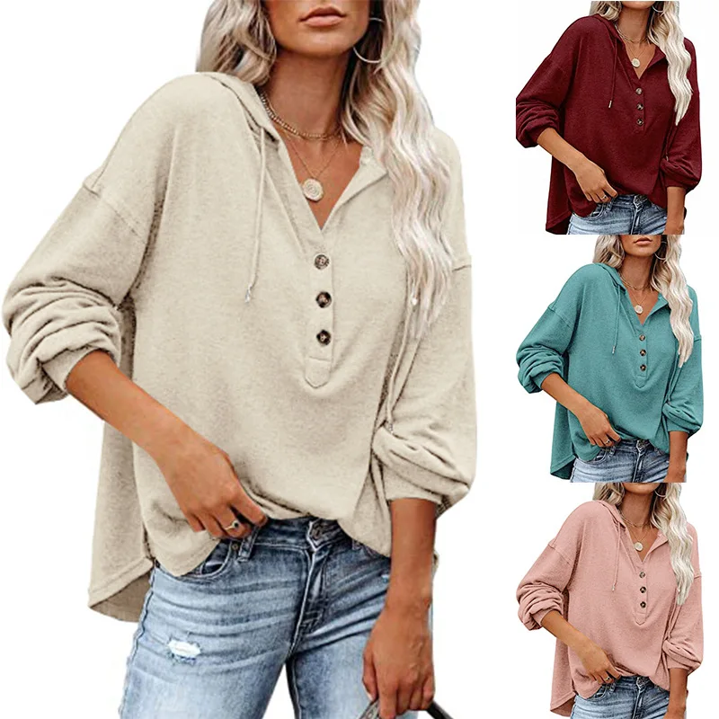 

Women's Hoodie Long Sleeve Top 2021 Fall Lantern Sleeve Button V-Neck Pullover Hoodie Casual Simple Loose Solid Color Sweater