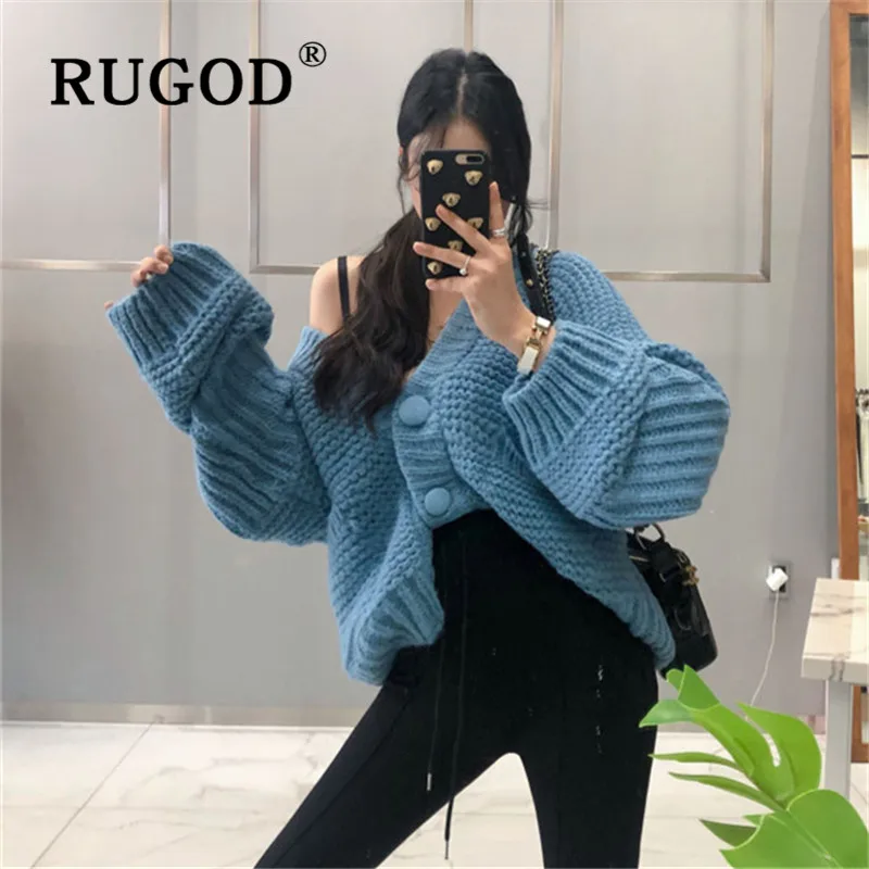 RUGOD New Korean Style V-neck Elegant Ovrsized Knitted Cardign Women Big Button Candy Color Sweater Fashion 2019 |