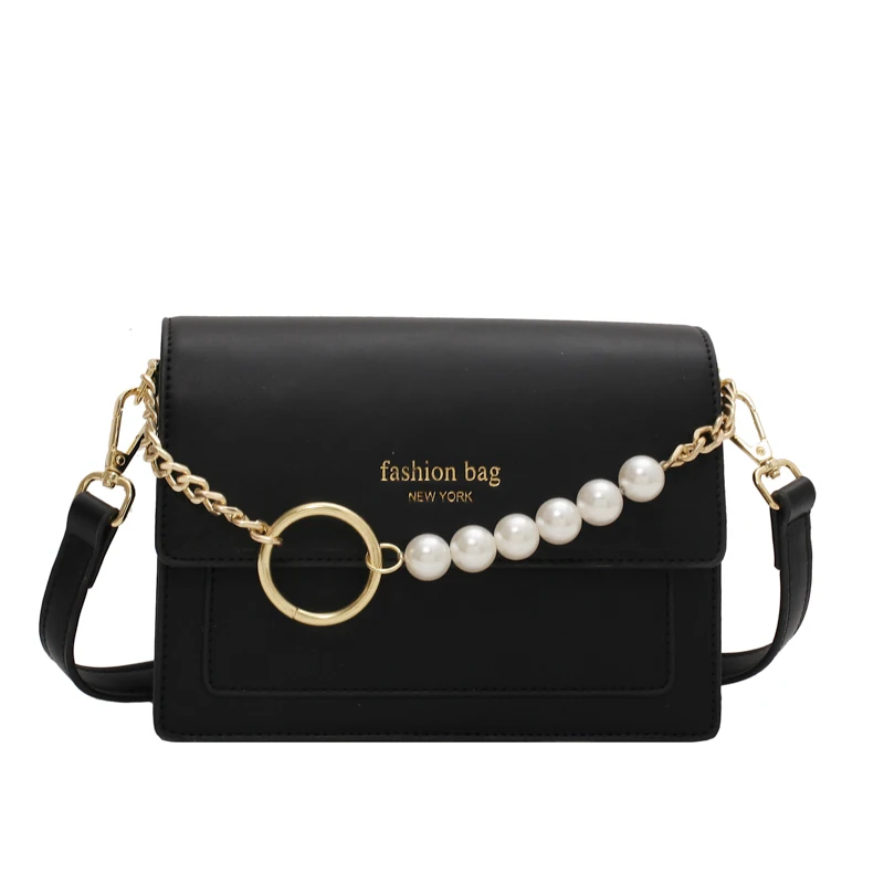 

Classical PU Leather Flap Crossbody Bag for Women 2021 Solid Color Chain Pearl Shoulder Handbags and Purses Female Travel