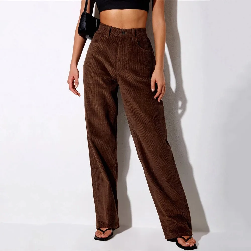 

Corduroy Loose Straight Leg Pants Woman High Waist Slack Fall Winter With Pockets Streetwear Baggy Trousers Brown Mom Long Pants