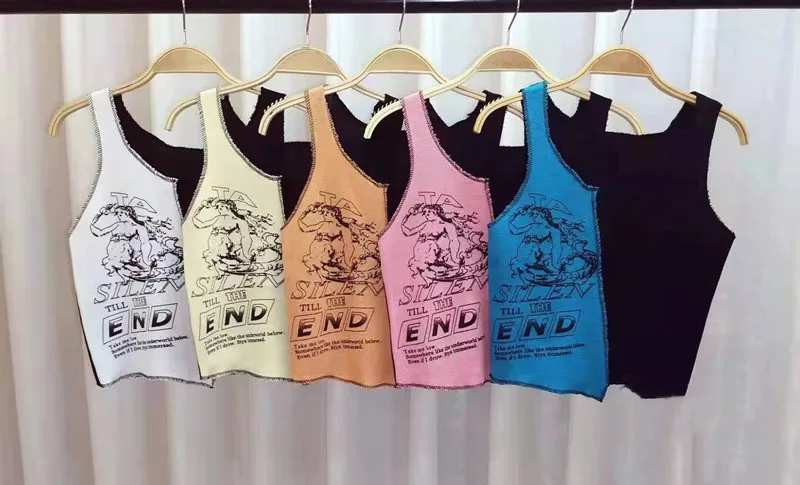

Europe Fashion Knitted Crop Top Womens Sexy Sleeveless Tank Camisole Spaghetti Strap Short Vest Hit Color Print Patchwork Camis