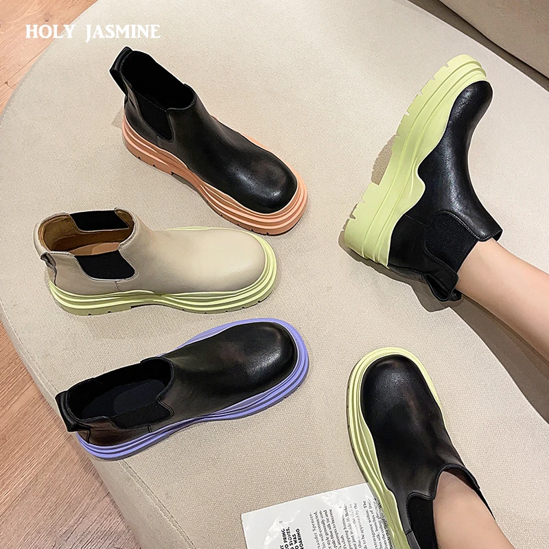 

Ankle Boots Chelsea Women Genuine Cow Leather Platform Bootie Elastic Band 2021 Autumn Winter Ladies Shoes Handmade Boots Women