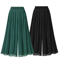 summer european style pleated women wide leg pants loose chiffon female elastic waist trousers green black casual clothes