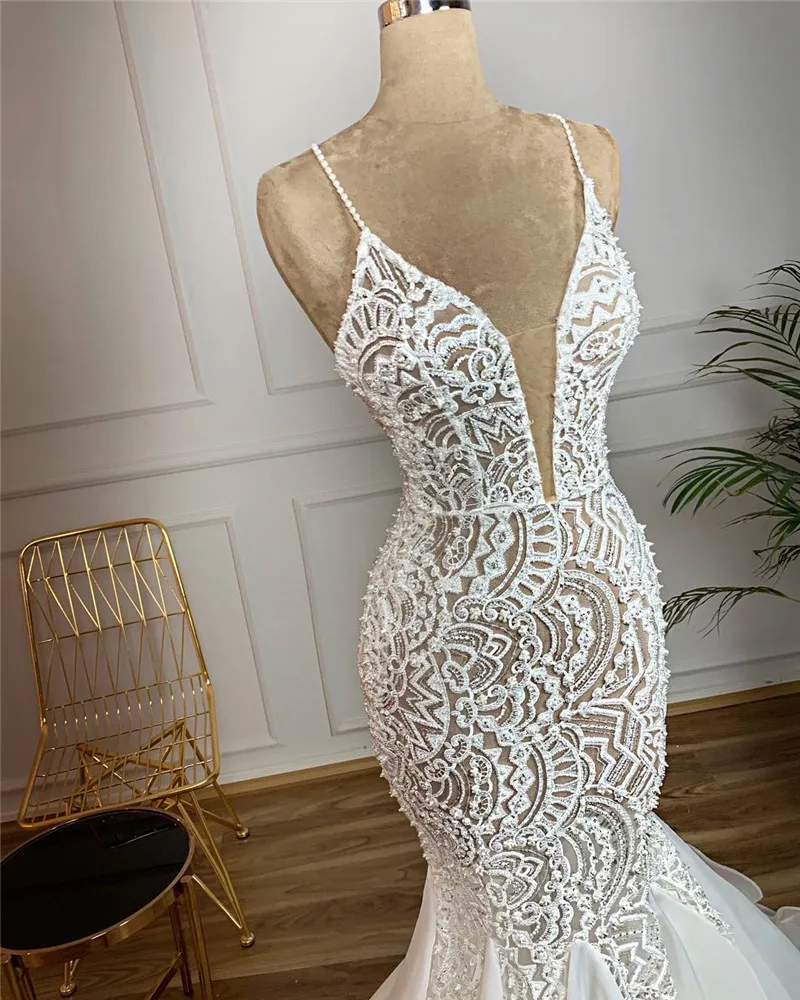 Романтическое кружевное свадебное платье русалки Vestido De Noiva сексуальное платье с глубоким v-образным вырезом на тонких бретельках Свадебные платья Robe De Mariee