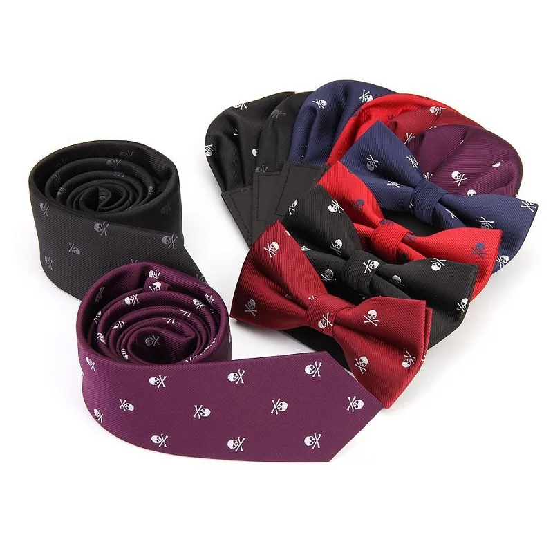 

Bow tie set print skull hanky set pocket square polyester handkerchief bowknot handkie wedding red purple black blue