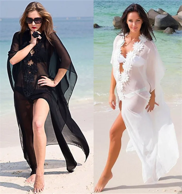 Sexy Deep V-Neck Applique Swim Bikini Cover UP Women Plus Size See Through Bat Sleeve Beachwear Bathing Suit Maxi Dress Chiffon | Женская