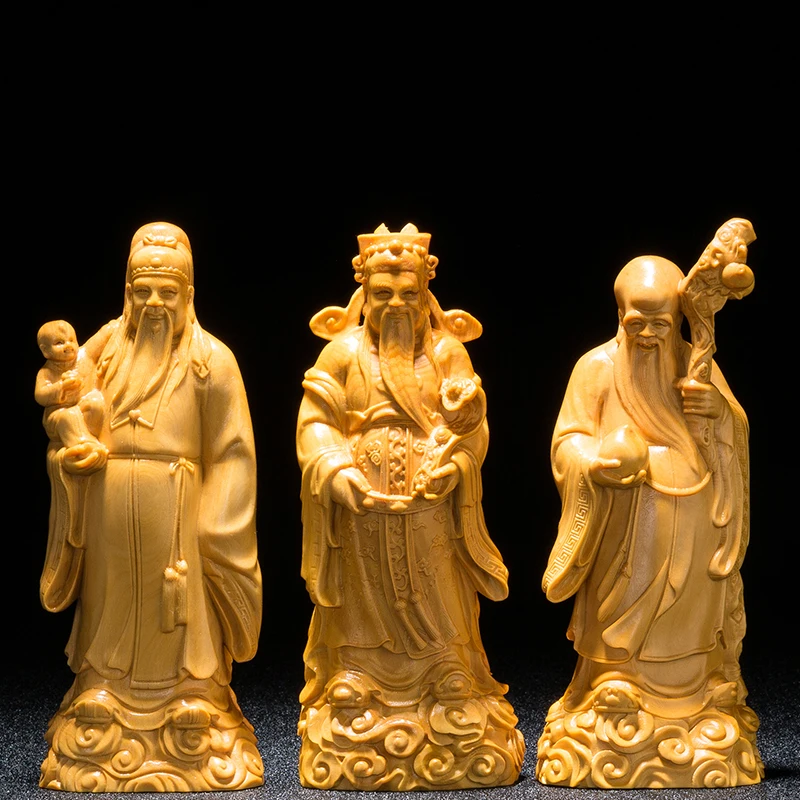 

Boxwood 15cm 21cm Fu Lu Shou Sculpture Wood Three Stars Gods Statue Blessing Rich Longevity Gods Home Decor
