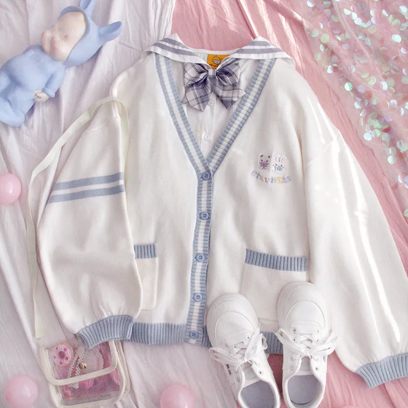 

2021Cute Fashion Knitted Sweater Women Kawaii Vintage Cardigan Female Harajuku V Neck Jk School Button-down Long Sleeve Knitwear