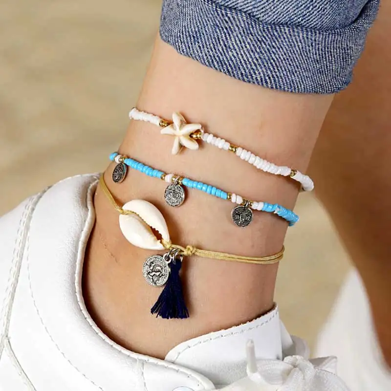 Винтажный браслет в стиле бохо с бусинами из натуральной ракушки и риса круглые