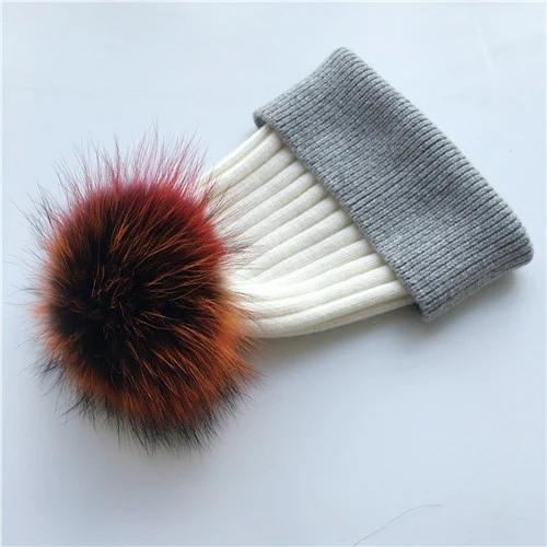 White-grey C Зимняя шапка, модная шапка с натуральным мехом, женские шапки с помпоном, кашемировый шерстяной вязаный берет, меховая шапка с помпоном, шапка с большим мехом енота - Цвет: White-grey C