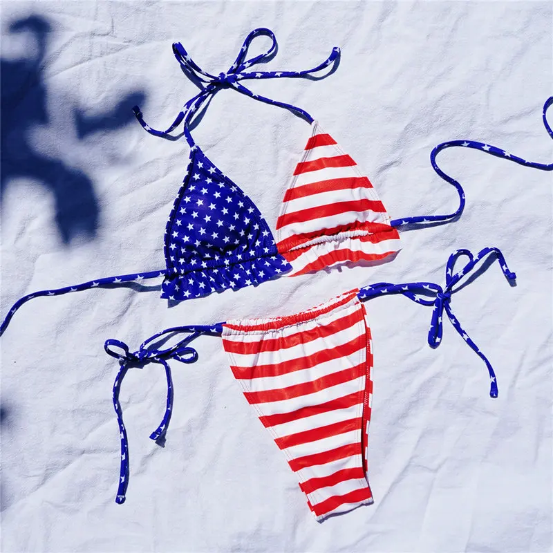 Микро Бикини Американский купальник с принтом флага 2 предмета лямкой на шее Для