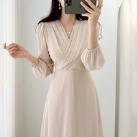 one piece dress korean chic french gentle thin v neck crimp design feeling lace up waist over knee long sleeve chiffon dress
