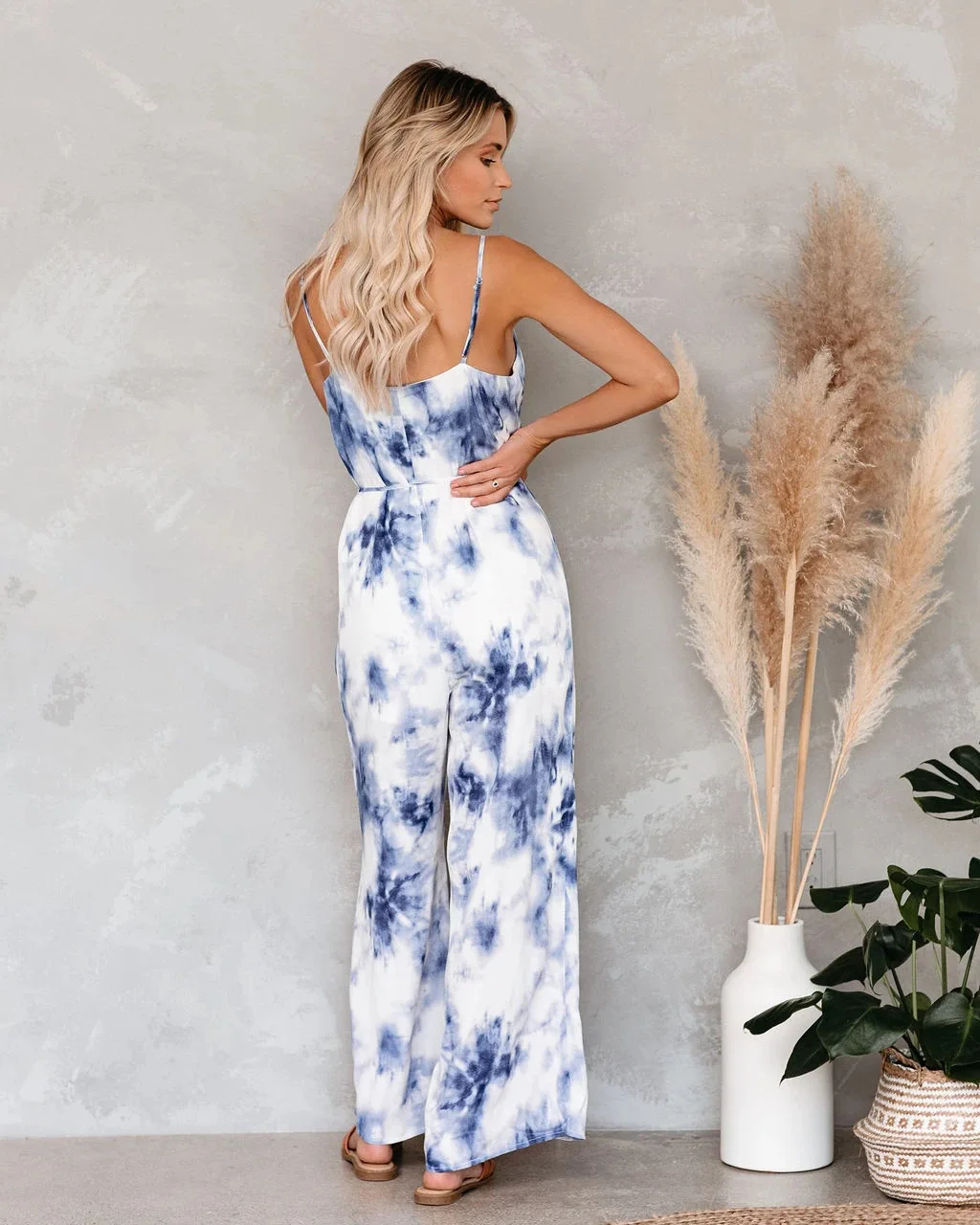 

Mandylandy Summer Tie-Dye Spaghetti Strap Printed Loose Lace-up Jumpsuit Women's Sexy Backless V-neck Wide-Leg Jumpsuit