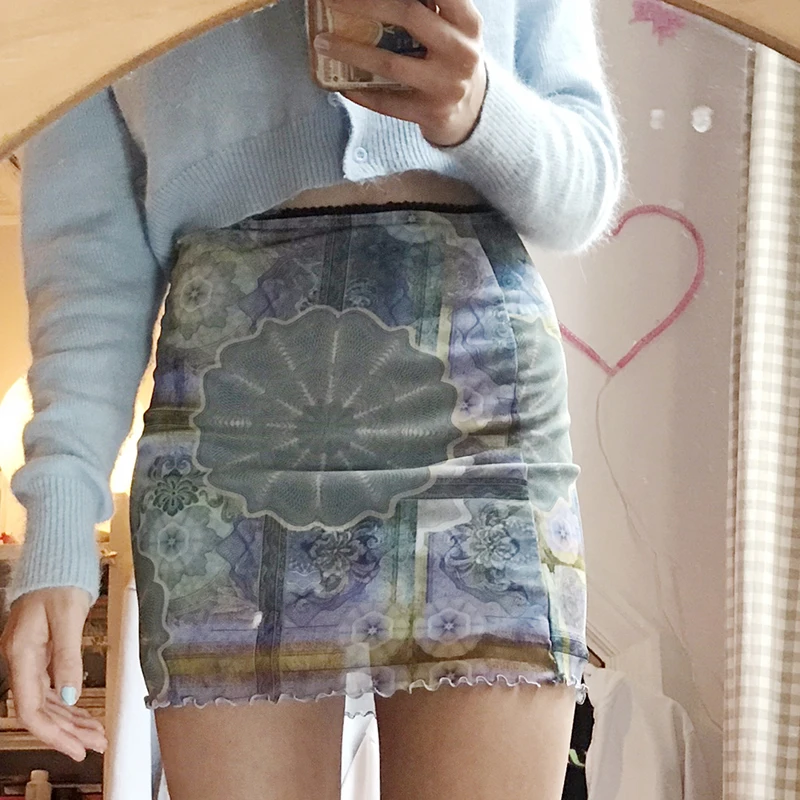 

Graphic Tie Dye Y2K Mini Skirts Fairycore Aesthetic Mesh Straight Slim Outfits Korean Fashion Cute Women Beach Skirts