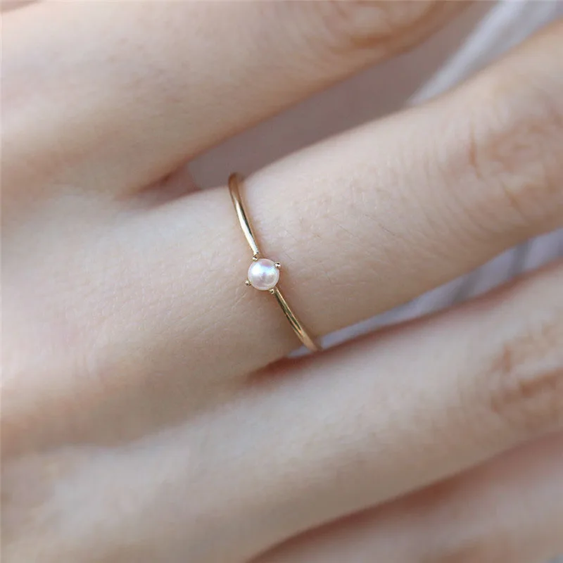 

Ring For Women Delicate Mini Pearl Thin Ring Minimalist Basic Style Light Yellow Gold Color Fashion Jewelry