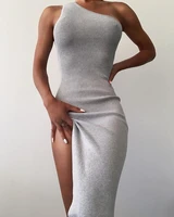 elegant split midi dress bodycon sleeveless 2020 fall one shoulder knitted solid dresses women club party dressess