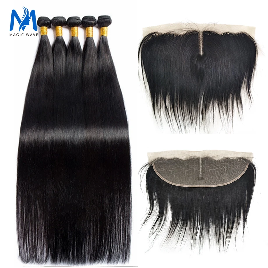 28 30 Inch Straight Brazilian Hair Weave 3 4 Bundles With 13x4 Machine Lace Frontal 32 34 40 Inch 100% Straight Human Hair