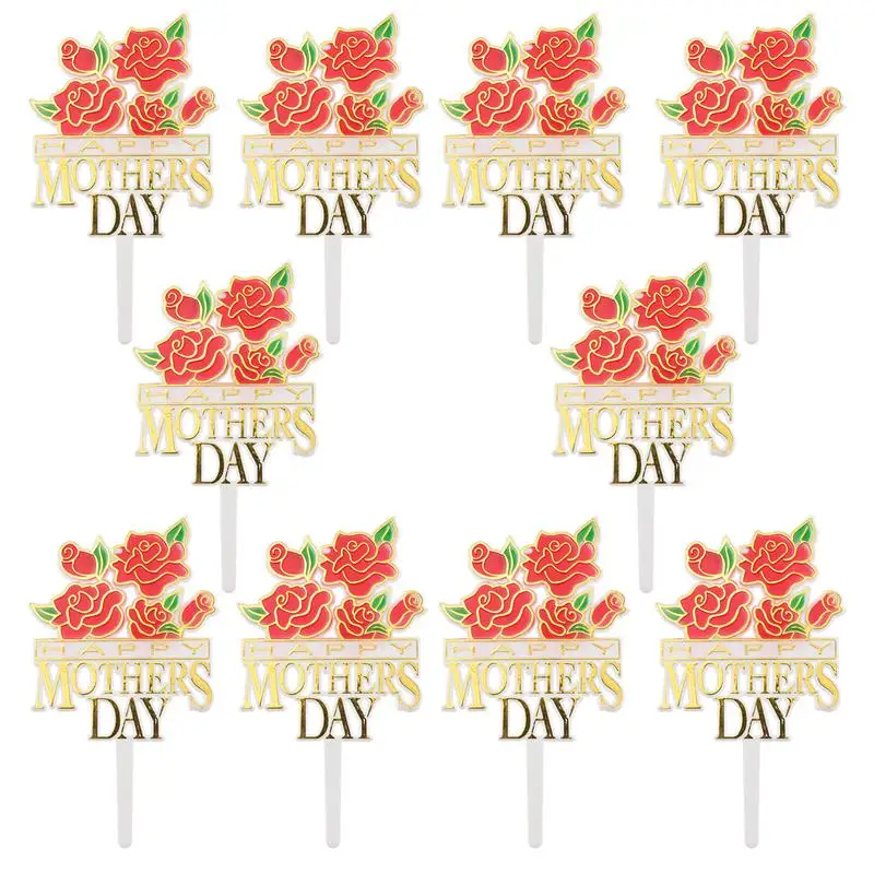 

1 Set 10 Pcs Mother's Day Birthday Cake Toppers Gold Blocking Rose Cake Picks