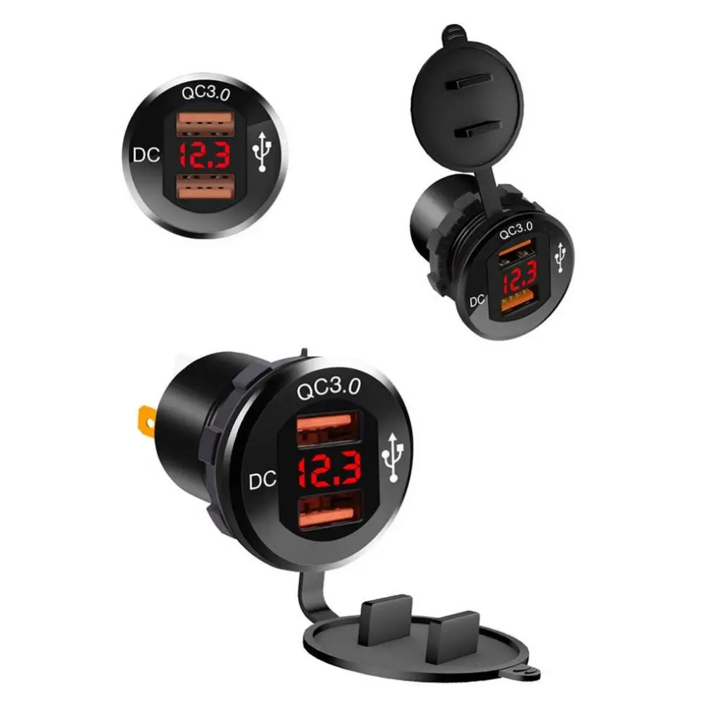 

85% Hot Sales!!Car Motorcycle Digital Display QC3.0 Dual USB Phone Charger Voltmeter with Cable