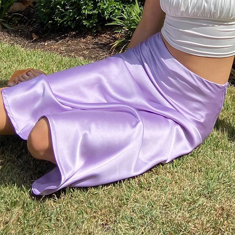 

Elegant Patchwork Satin Women's Skirt High Waist A-Line Solid Mid-length Skirts Female 2021 Spring Summer Fashion Ladies Bottoms