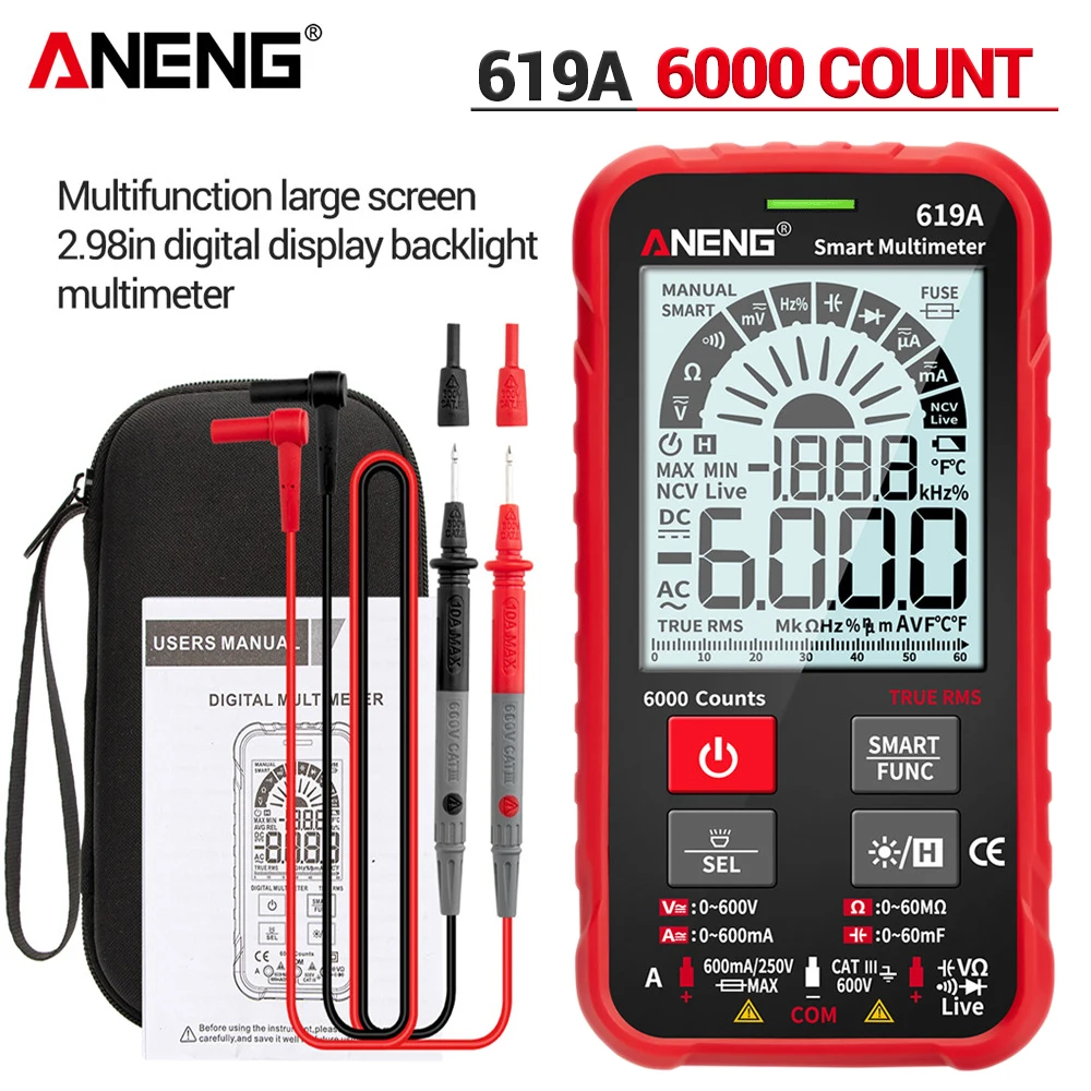 

ANENG 619A Digital Multimeter AC/DC Currents Voltage Testers True RMS 6000 Counts Professional Analog Bar Multimetro NCV Meter