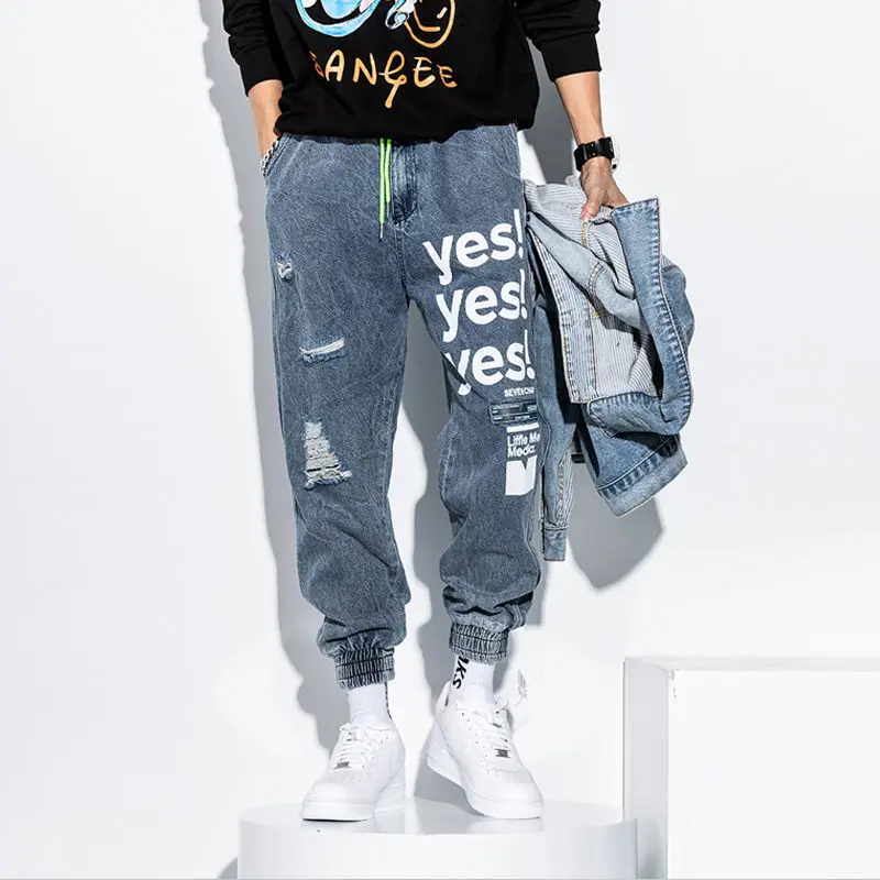 

Ripped Jeans Men's Ankle-Length Hip Hop Pants Loose Korean Clothes Casual Joggers Trousers Streetwear Male Letter Print Pants