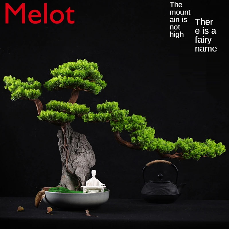 

Artificial Greeting Pine New Chinese Style Hotel Living Room Hallway Ornament Tree Stone Potted Bonsai