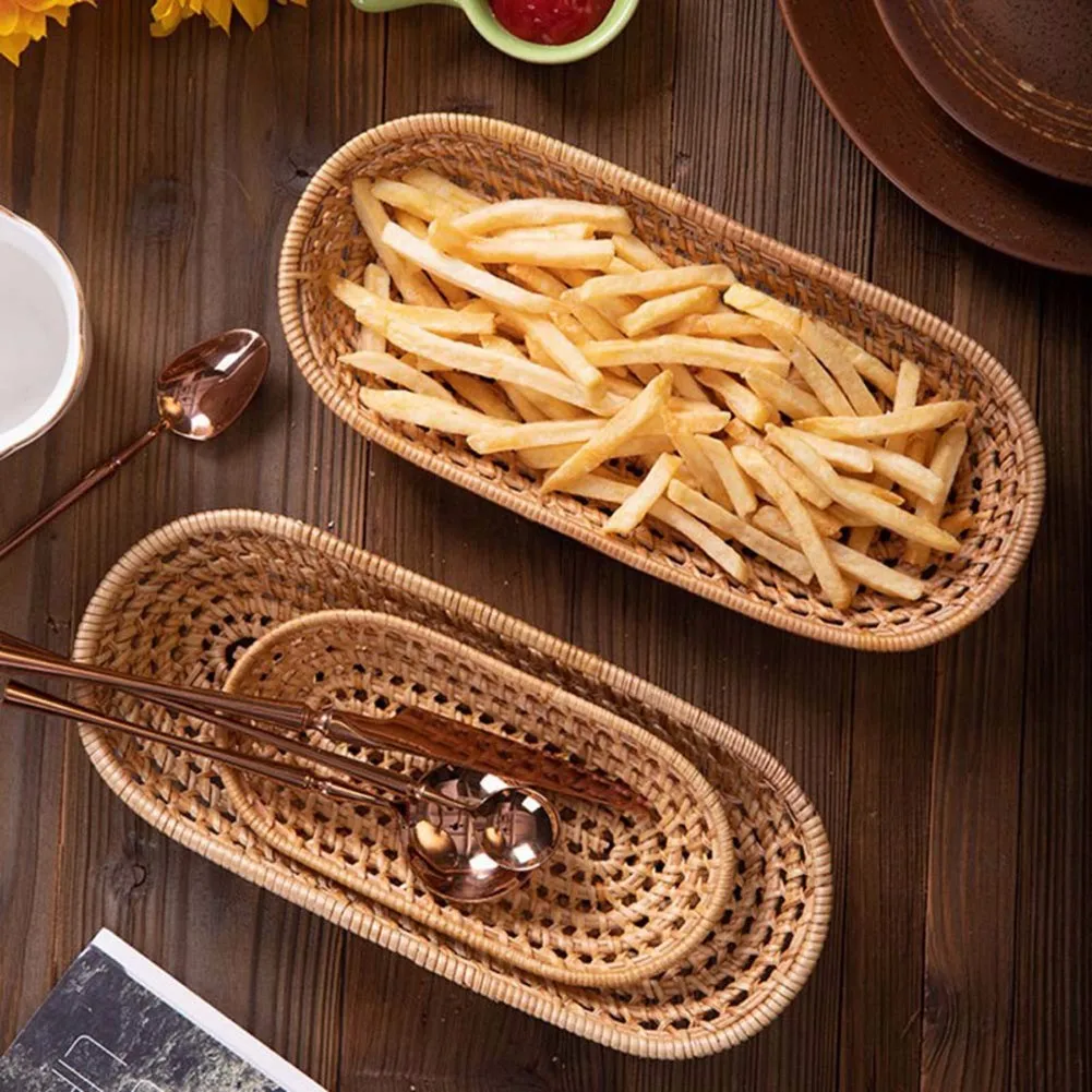 

1Pcs Handwoven Rattan Storage Tray Food Storage Plate Bread Food Plate Fruit Cake Platter Dinner Serving Tray Bread Basket