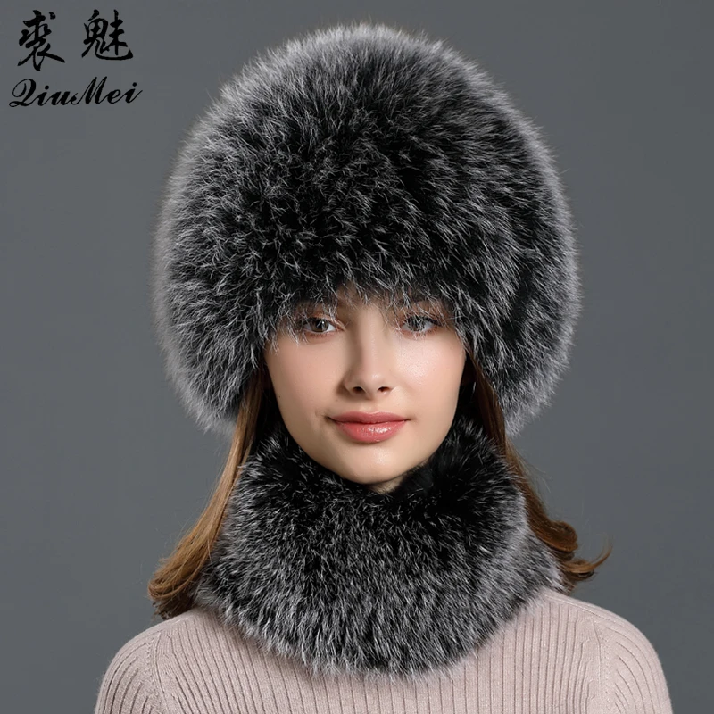 Genuine Fur Hats and Scarf Neck Ring Sets for Womens Wintet New Collar Headband Hand-made Caps Fur Set Knitting Fur Natural Fox