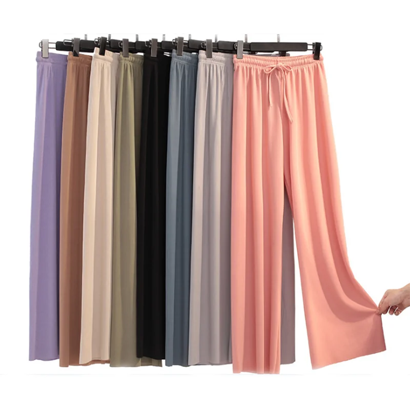 

Women's Ice Silk Wide-legged Pants Summer High Waist Feeling Girls Students Nine Points Straight Skirt Thin Long Trousers Colors