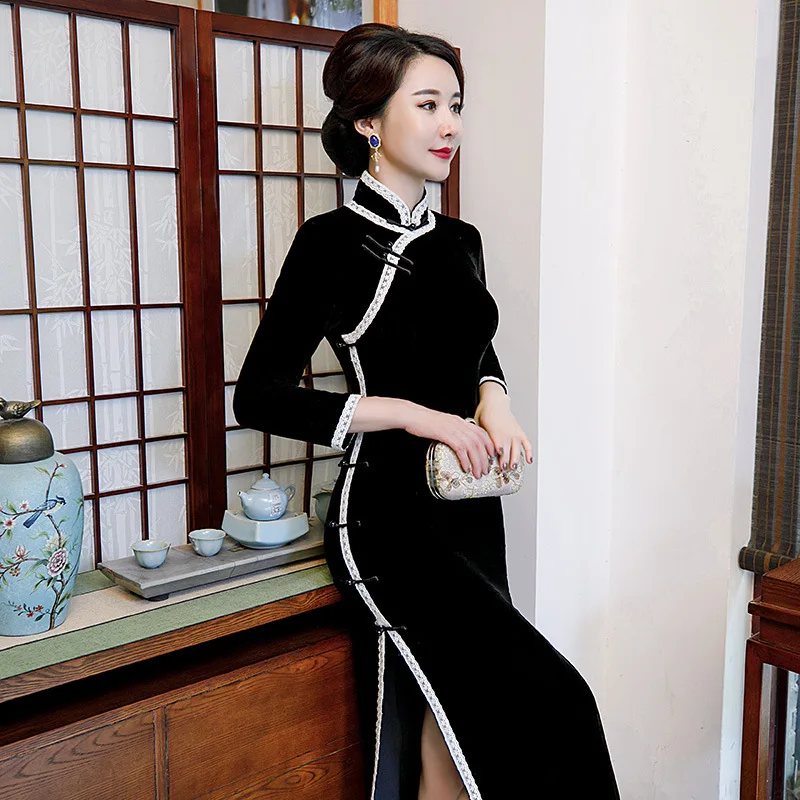 Женское бархатное платье Чонсам с длинным рукавом традиционное китайское чонсам