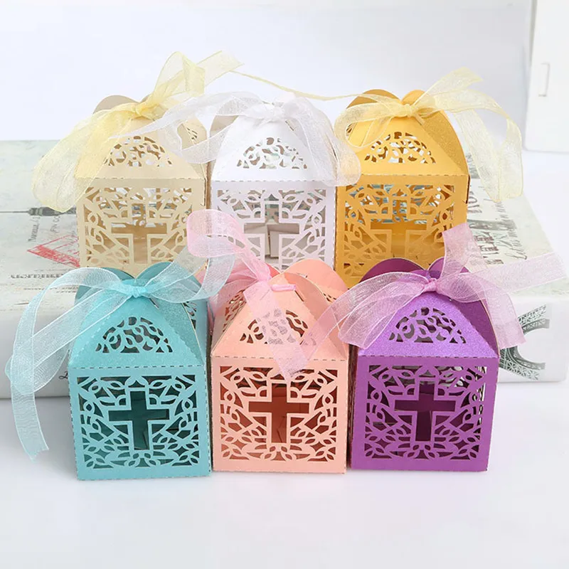 

10pcs Baby Shower Crossing Candy Dragee Box for Baptism Boy Girl Birthday First Communion Christening Wedding Table Decoration