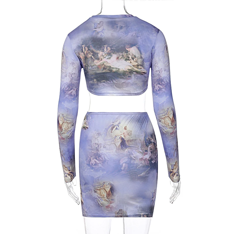 

Cutubly Long Sleeve Women'S Set Vintage Print Two Piece Set Sexy Crop Top And Mini Skirt Set Women Fashion Streetwear Tracksuit