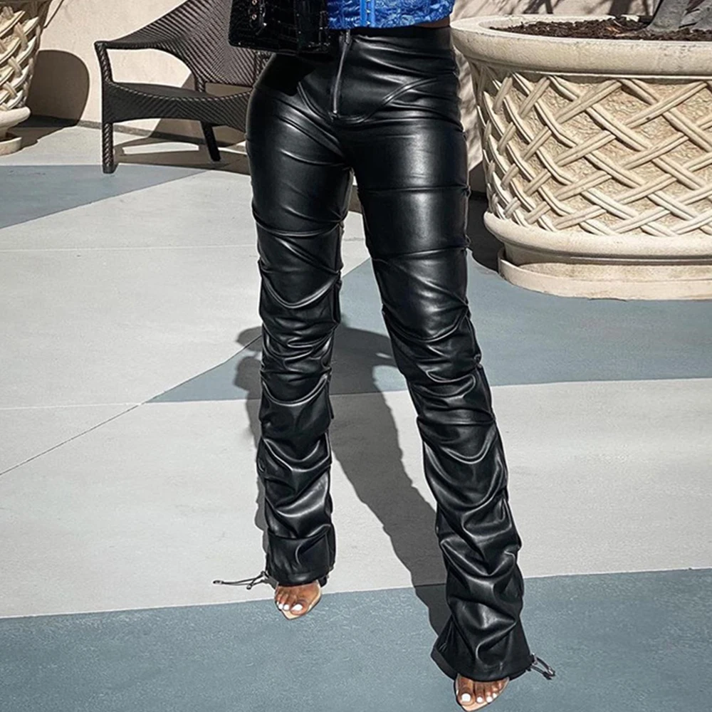 

Women's High Waist PU Patent Leather Pants Irregularly Folded Skinny Black Sexy Slim Latex Pants Faux Leather Wide Leg PantsPa