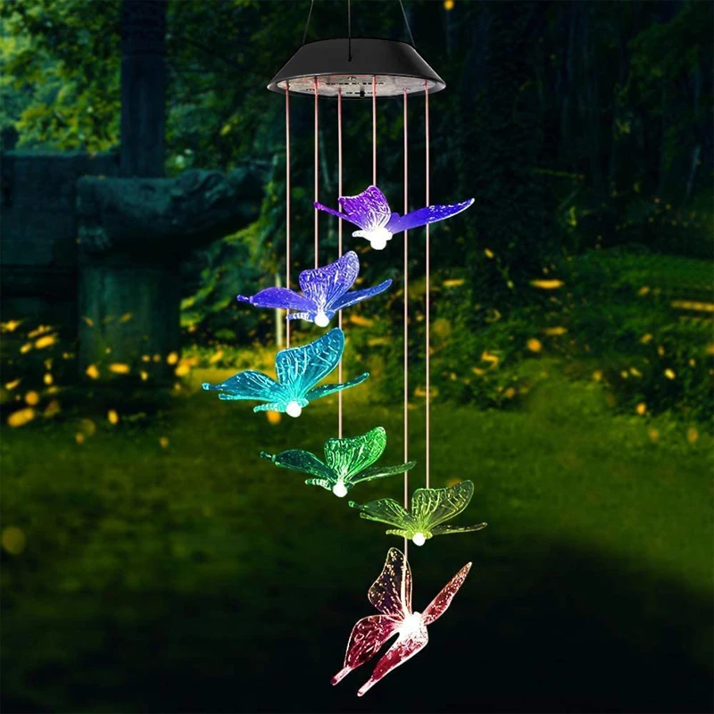 

Color Changing Solar Power Wind Chime Crystal Ball Hummingbird Butterfly Waterproof Outdoor Windchime Light for Patio Yard Garde