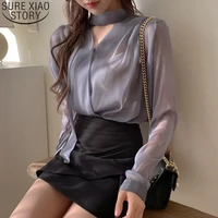 2021 new summer long sleeve blouse fashion v neck chiffon blouse women tops lace up sunscreen blouses bow clothes blusas 13863