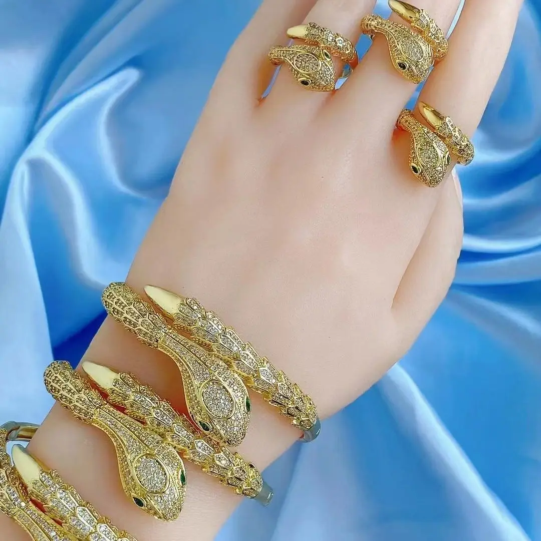 

3Pcs Trendy Adjustable Zircon Snake bangle golden color snake shape rings jewelry sets for women