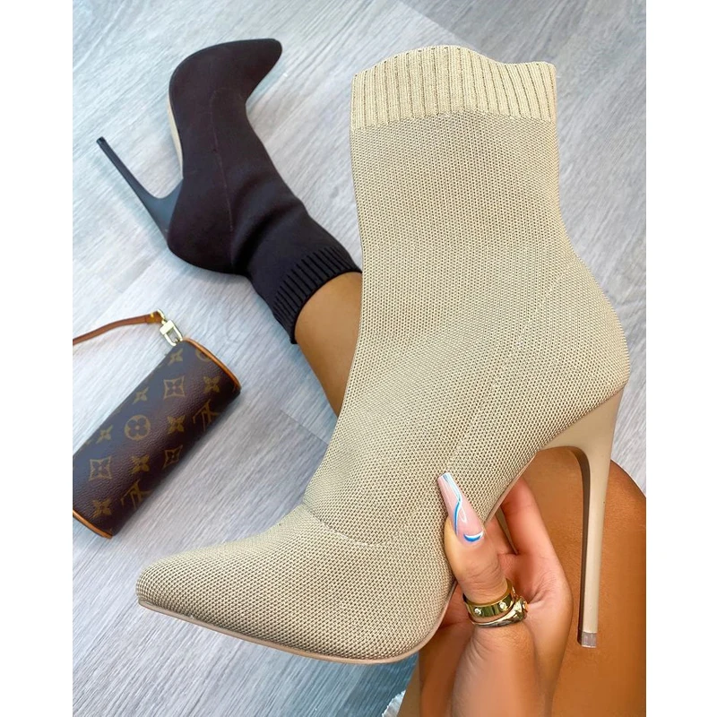 

Autumn New Women's Boots Fashion High Heels Short Boots Pure Color Pointed Toe Women's Boots Outdoor Casual Knitted Boots