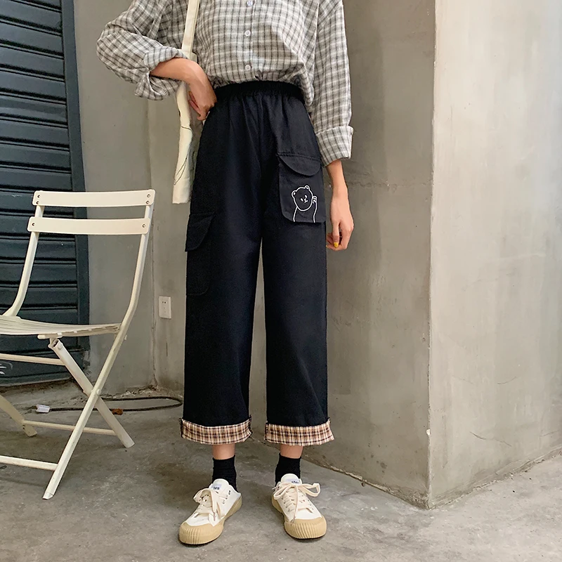 

Thin Pants Cartoon Rabbit Embroidery Pocket Plaid Splice Crimping Casual Trousers Japanese Kawaii Soft Girl Korean Teen Loose