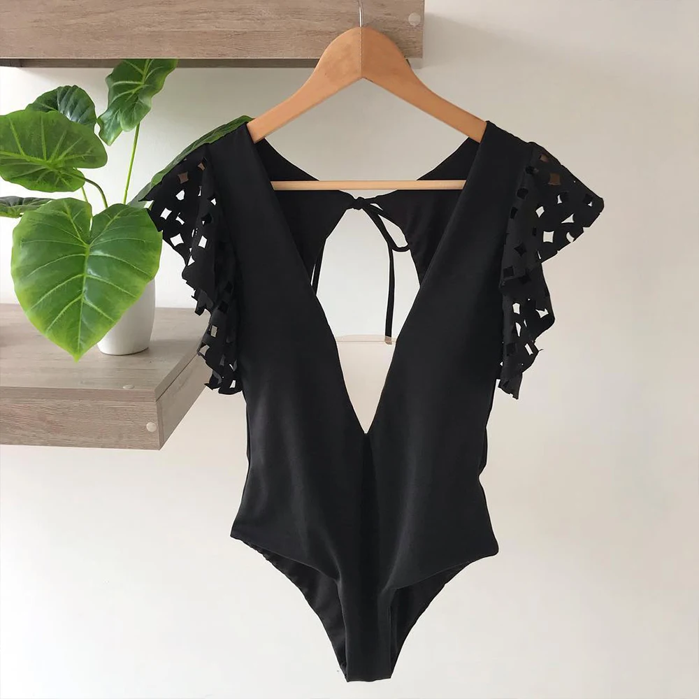 Сексуальный кружевной купальник с открытыми плечами новинка 2020 черно-белый