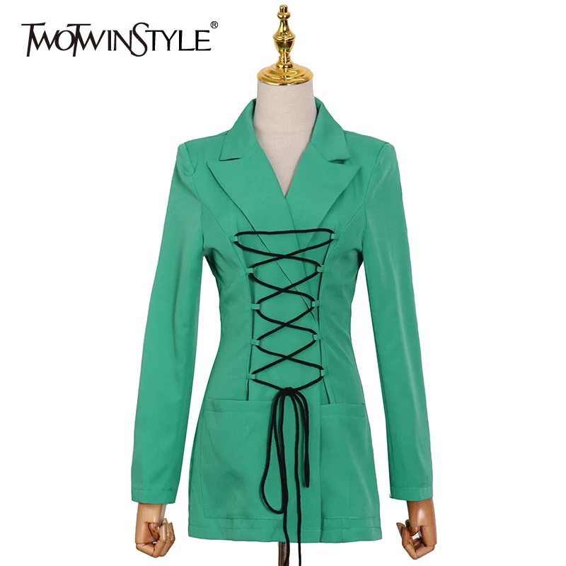 

TWOTWINSTYLE Cross Lace Up Blazer For Women Notched Long Sleeve Tunic Bandage Black Blazers Female Fashion New Style Clothing