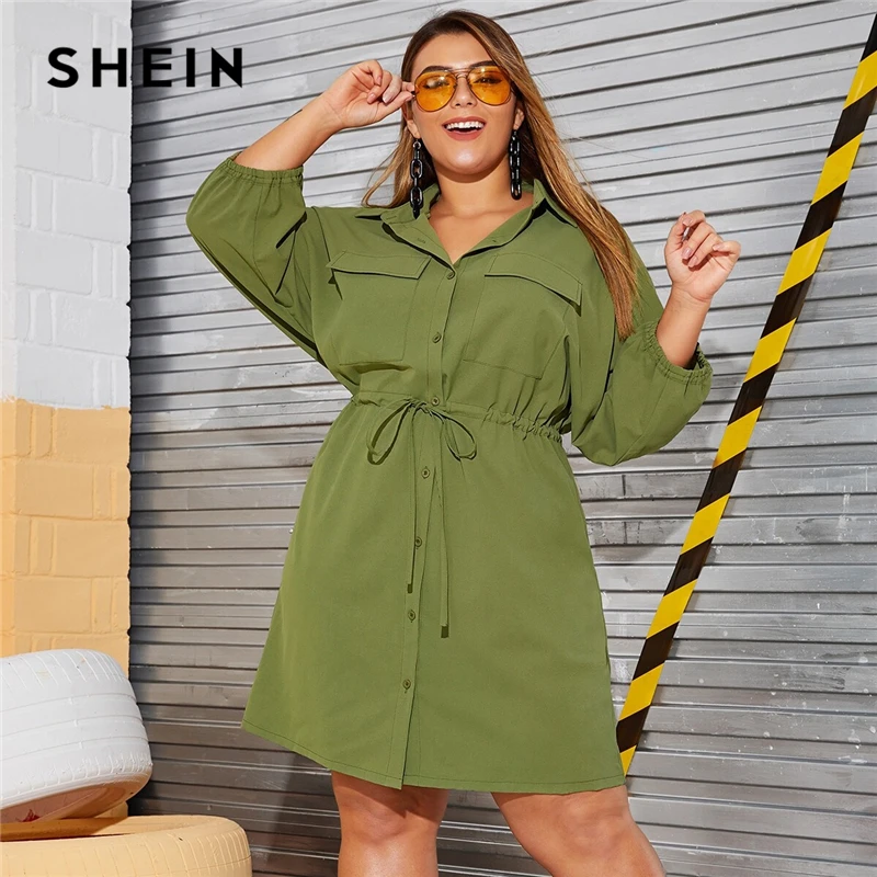 SHEIN плюс размер армейский зеленый шнурок талия карман сторона рубашка-карго платье Женская Осенняя Высокая талия расклешенные Повседневные платья Плюс
