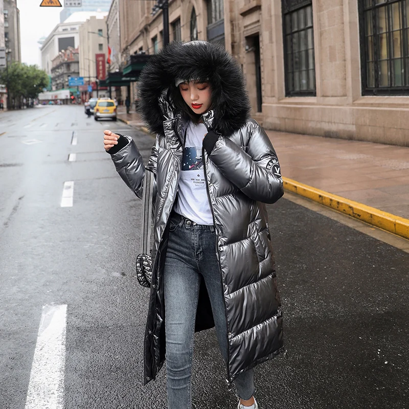 

2021Special Offer New Women Long Coat Parkas Female Glossy Winter Warm Thicken Faux Fur Coats Silver Down Jacket Parker