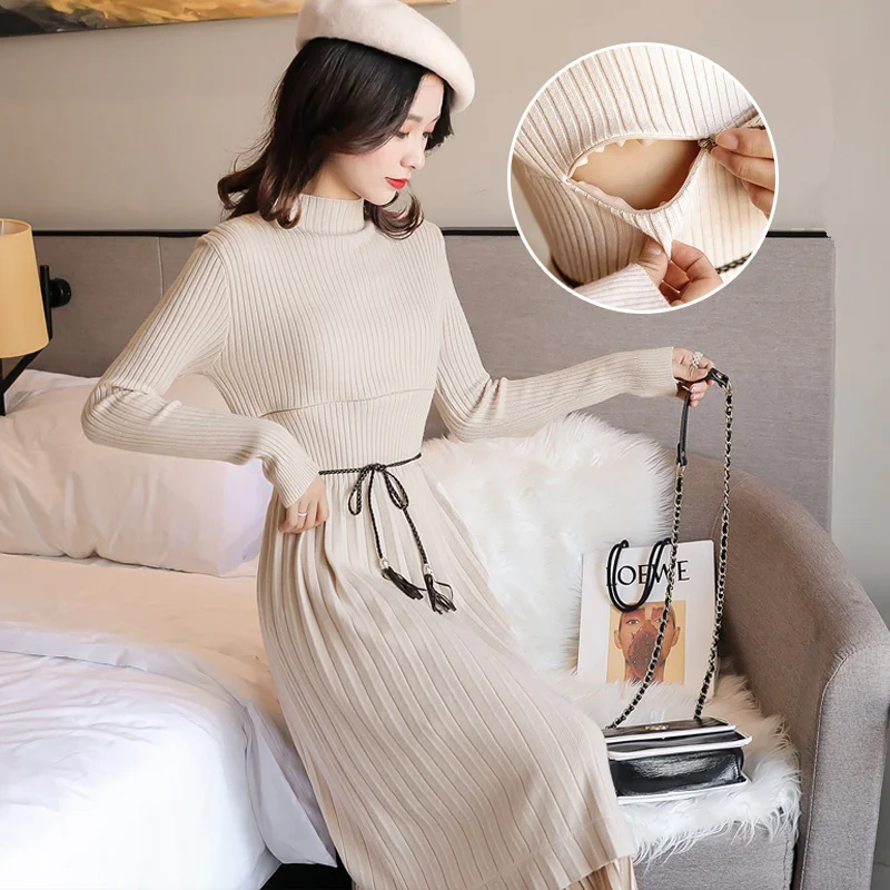 Вязаное весеннее платье для кормящих грудью Одежда беременных с длинными