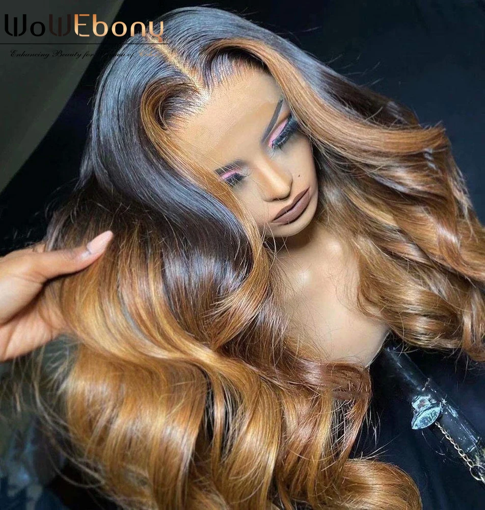 spesifikasi Bagian Tengah Highlight 1b/4/27 Wig Rambut Manusia Bergelombang Wig Depan Renda Gelombang Tubuh Pirang Madu Ombre Brasil Untuk Wanita 13X1 Wig Renda